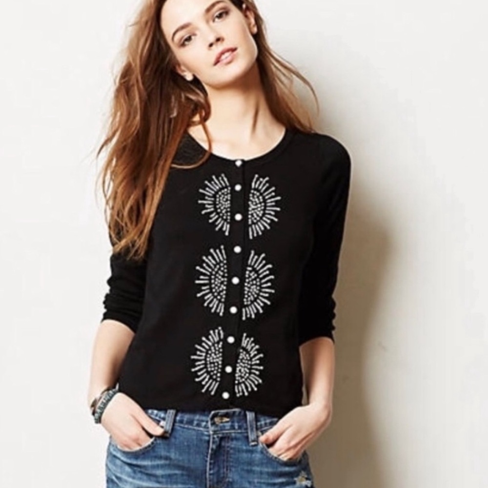 Anthropologie HWR Monogram French knot embroidered sunburst cardigan